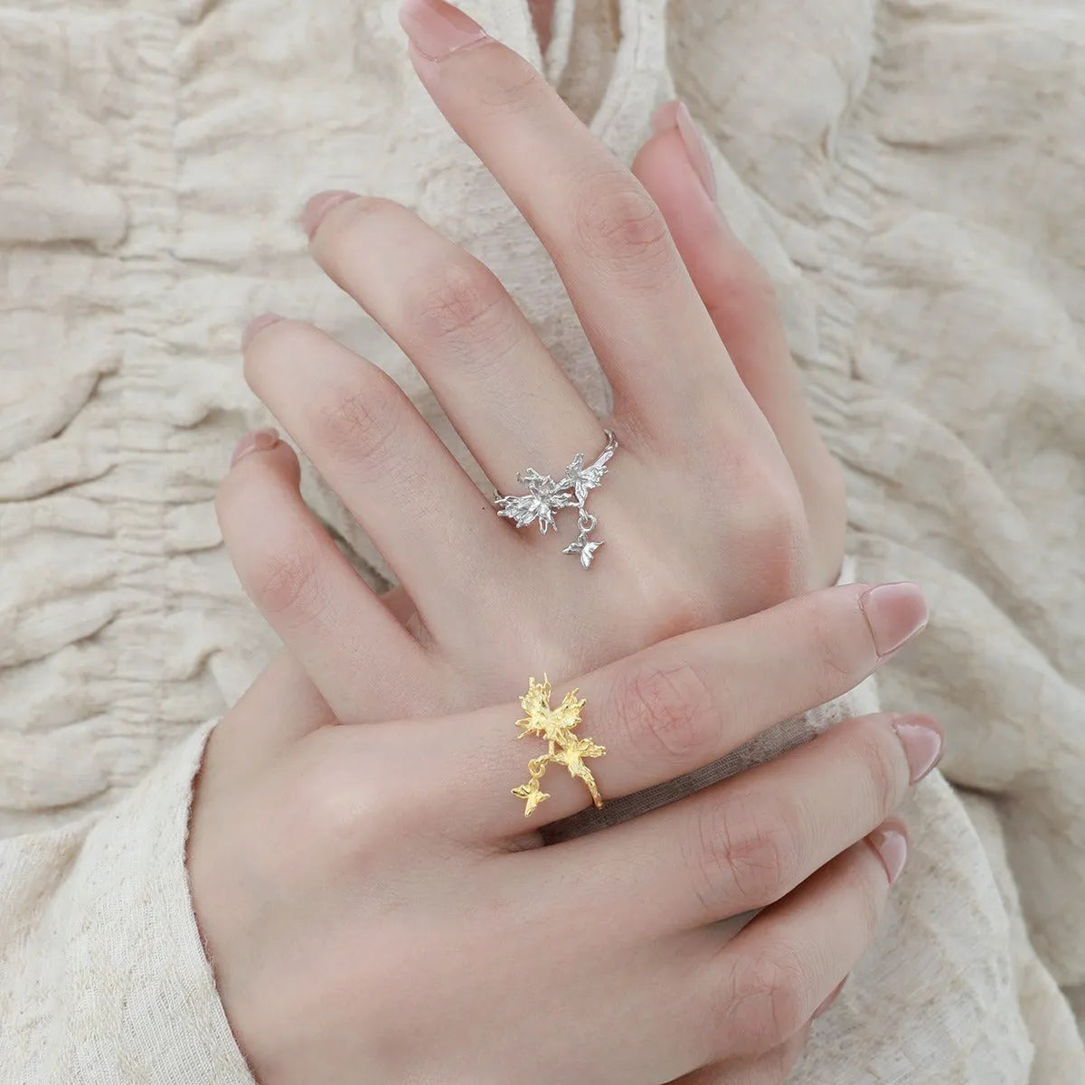 Silver butterfly ring with adjustable opening in gold colour finish
