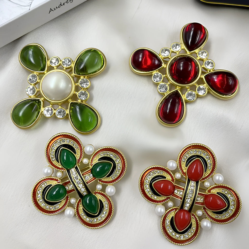 Medieval Baroque style cross brooch with crystal detailing on zinc alloy base