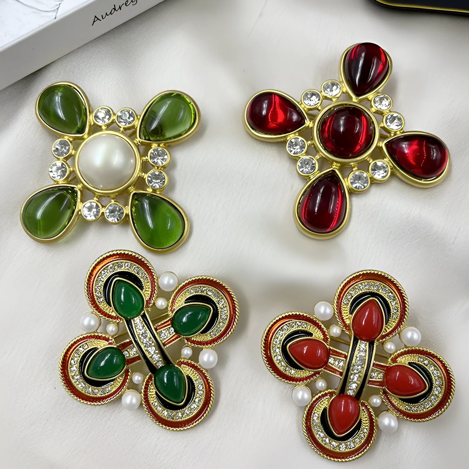 Medieval Baroque style cross brooch with crystal detailing on zinc alloy base