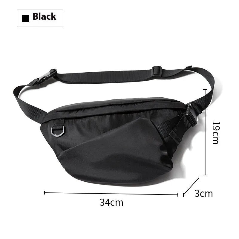 Men's black Oxford fabric slanted chest bag with sewing line detail, 8-inch size, worn across chest