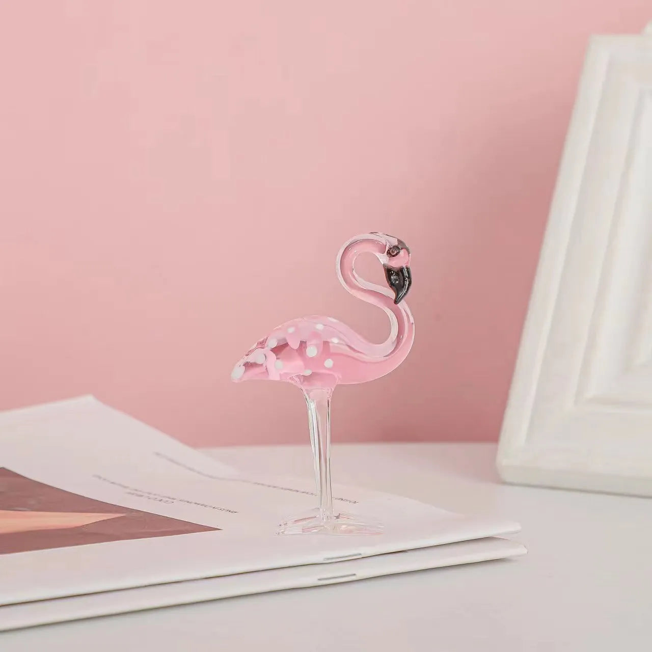 Pink crystal flamingo decorative craft with white crystal material on table display