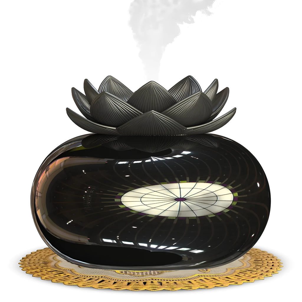 Pure black circular Lotus USB aromatherapy humidifier with ultrasonic ceramic technology