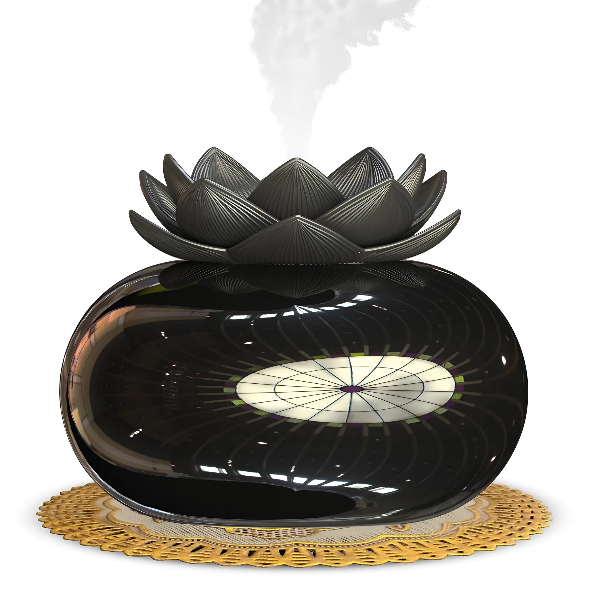 Pure black circular Lotus USB aromatherapy humidifier with ultrasonic ceramic technology