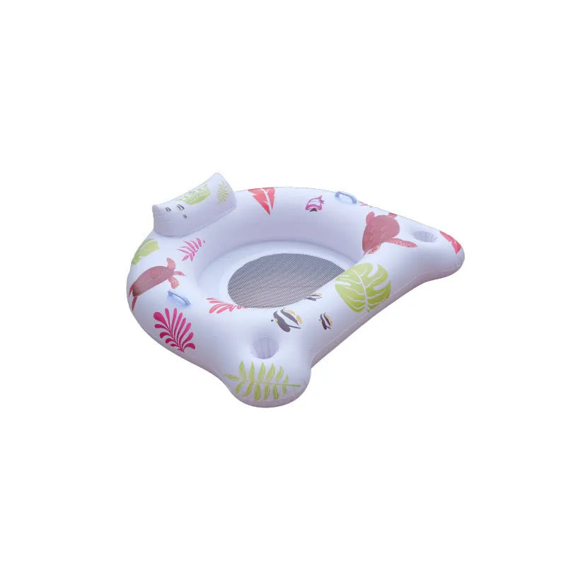 White PVC inflatable U-shaped seat float with glowing edges on water.