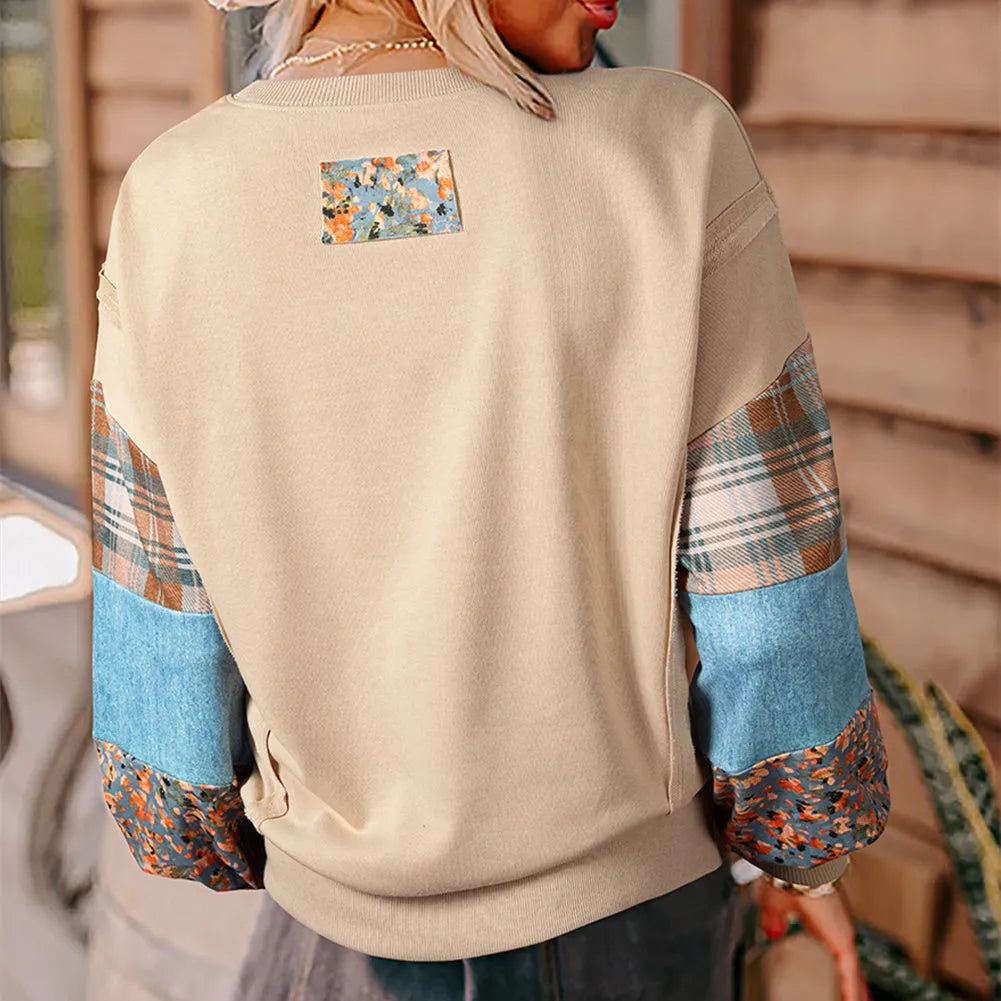 Women's loose fit plaid long sleeve top in apricot colour with regular sleeves