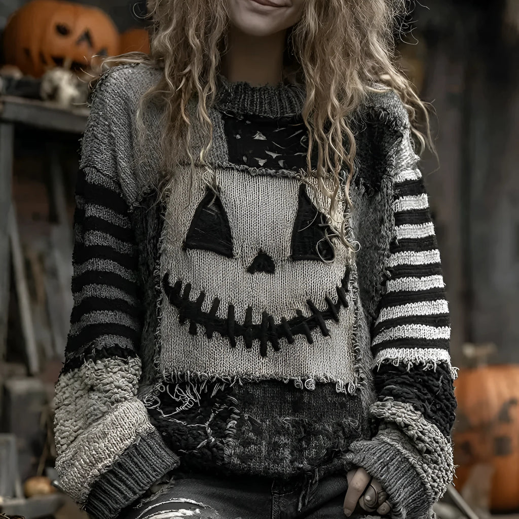 Women's digital print pullover sweater with 3D stereo pattern, round neck, long sleeves, loose fit in polyester knit