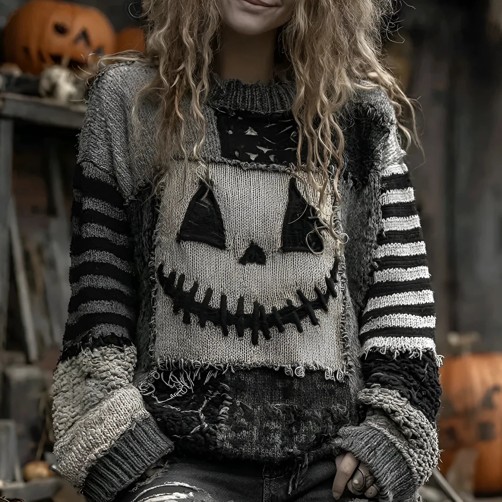 Women's digital print pullover sweater with 3D stereo pattern, round neck, long sleeves, loose fit in polyester knit