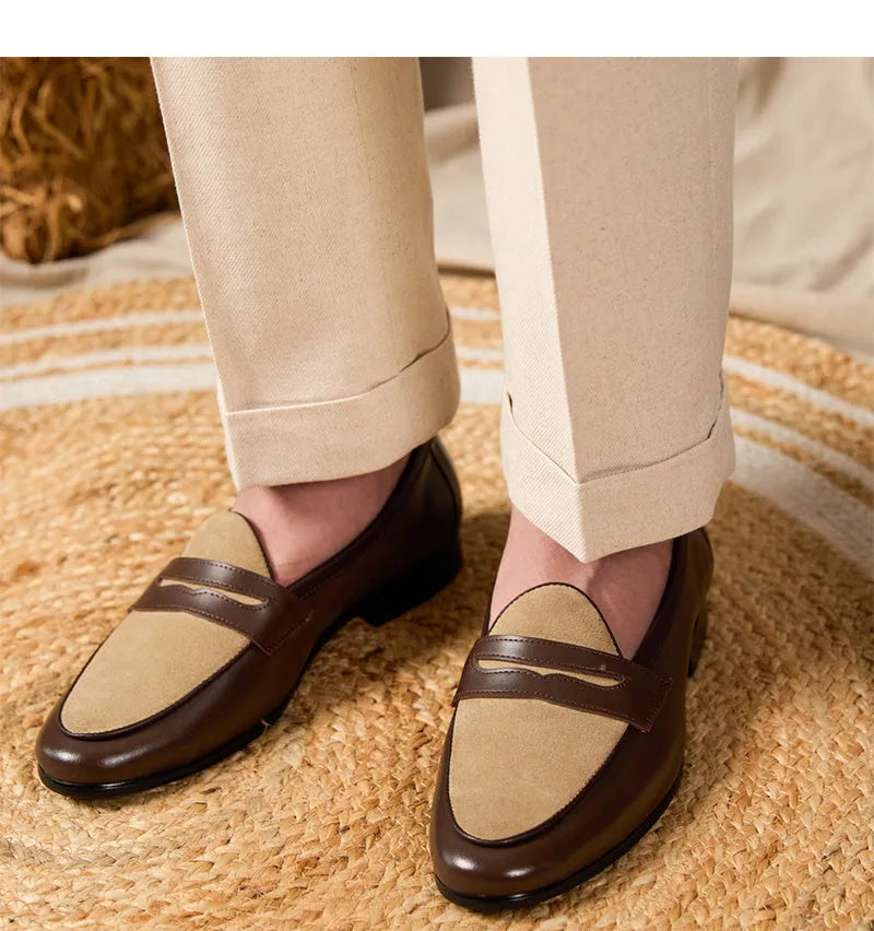 Men's coffee-grey suede slip-on loafers with a high-gloss finish and rubber sole.