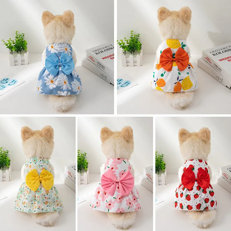 Ultra-thin polyester pet dress with floral butterfly patterns and decorative coloured bow
