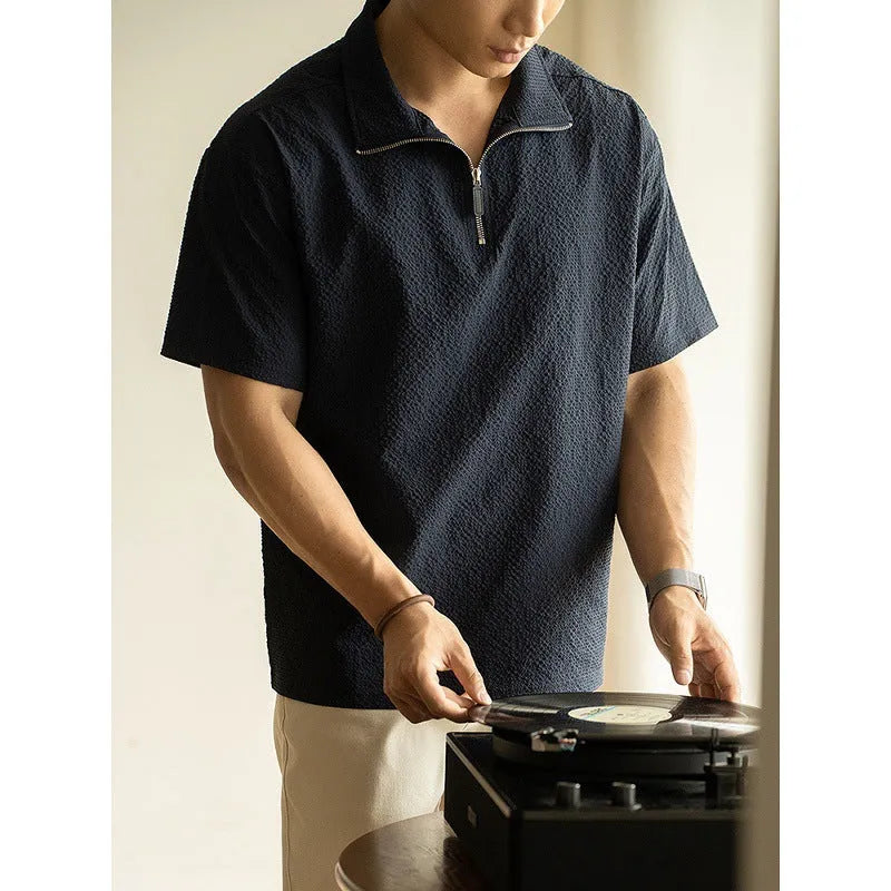 American quick-drying ice silk polyester short sleeve shirt in cedar green, loose fit, summer casual style