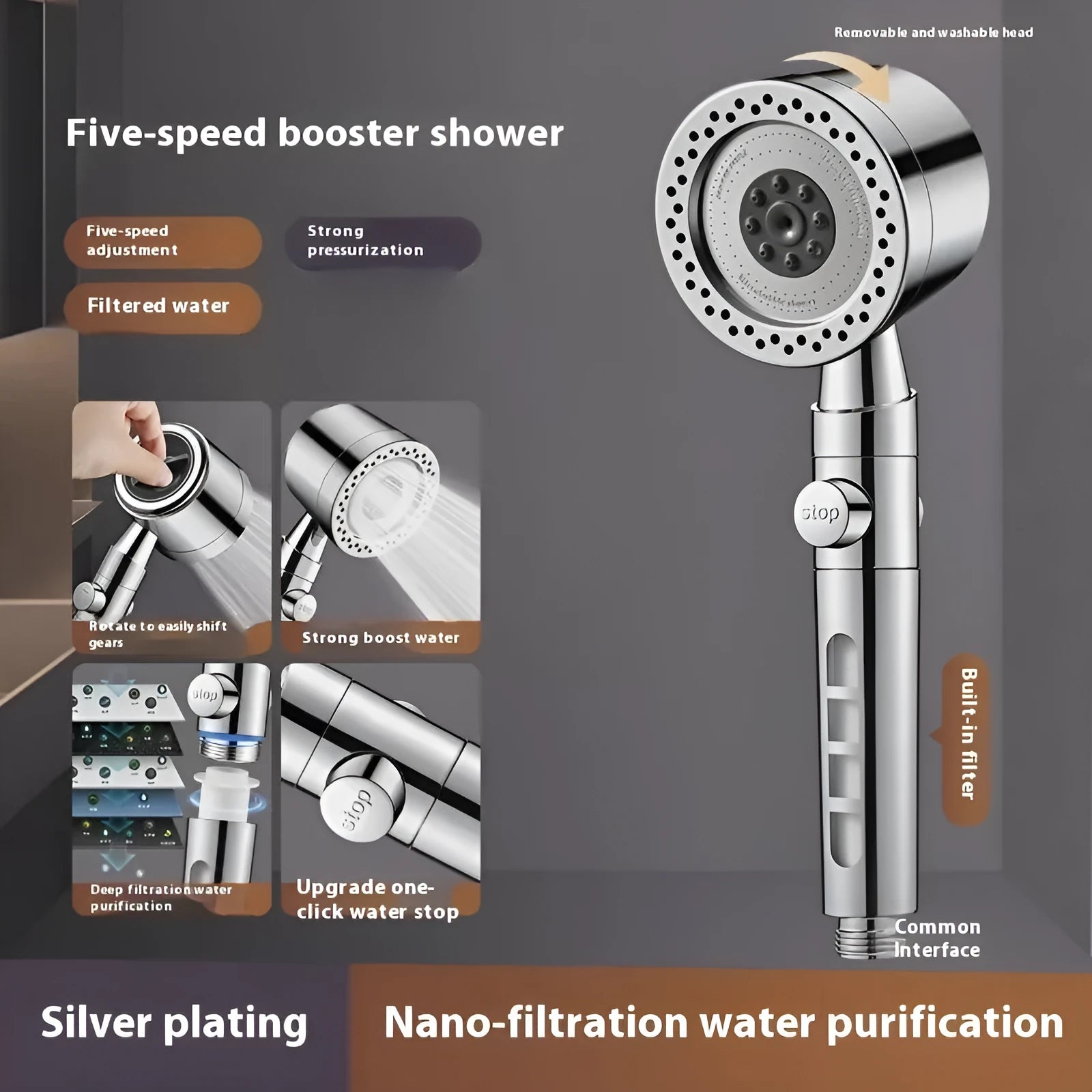 Silver portable shower head with multiple spray functions including massage and rain shower.