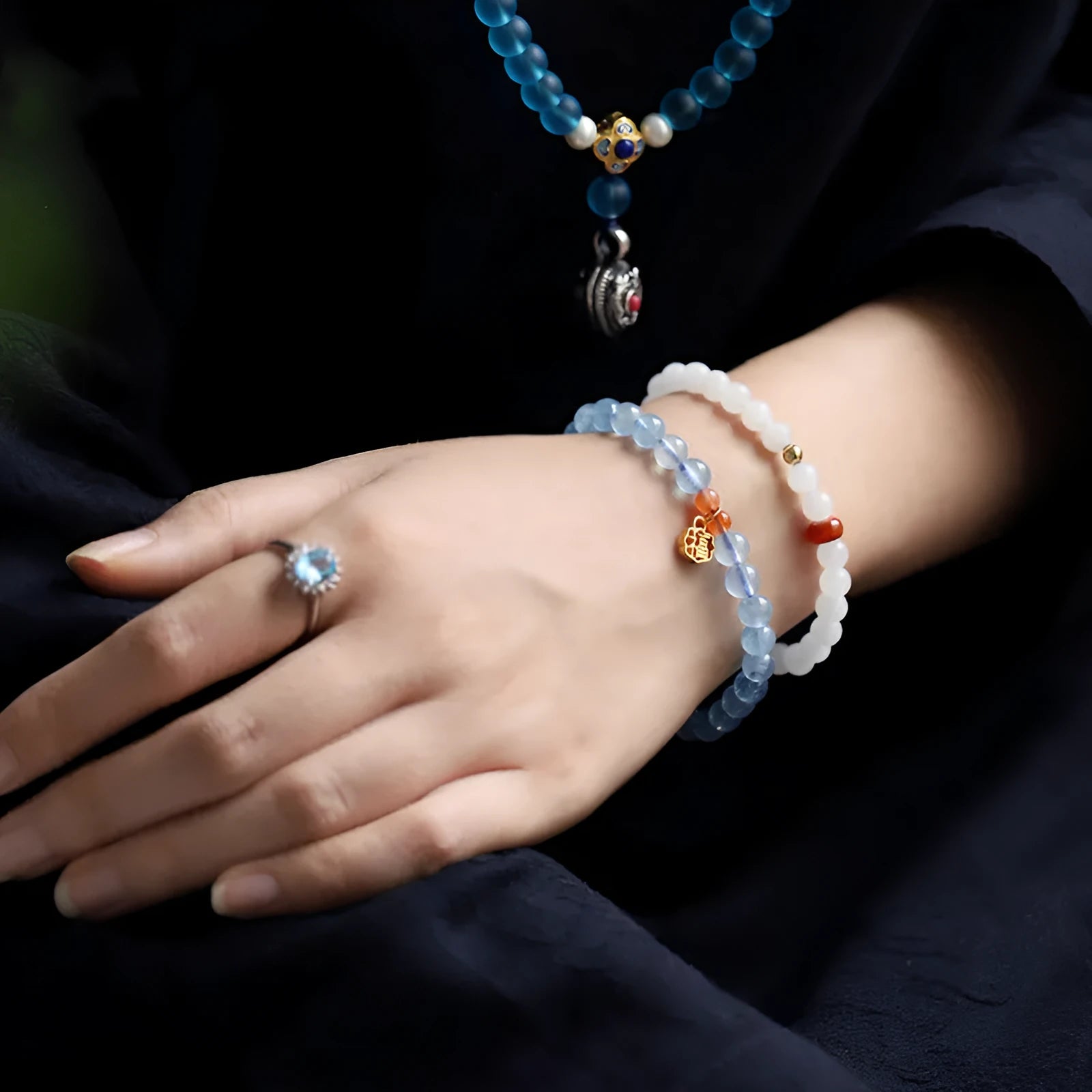 Natural ice translucent crystal bracelet 8mm round beads sequins women's