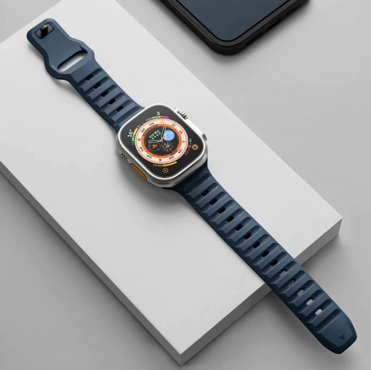 Fluoro rubber Apple Watch replacement strap in multiple colours with T buckle, compatible with Ultra and Series 8 to 1 models.