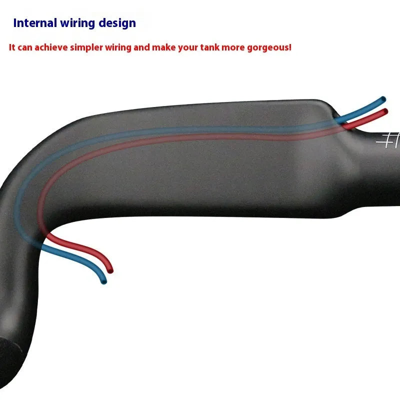 Carbon fiber road bicycle handlebar with red double line finish on a white background