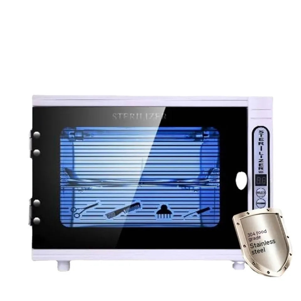 Small silver UV steriliser cabinet for salon tool disinfection with stainless steel chamber.