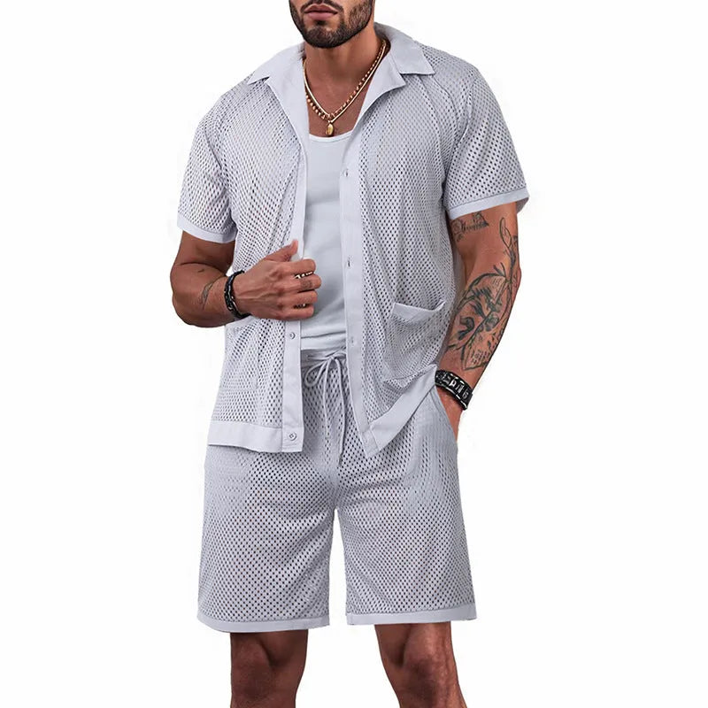 Women's see-through short sleeve cardigan and matching shorts set in Lake Blue for summer beach leisure