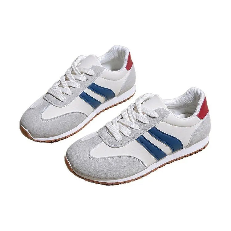 Leisure Sports Cortez Stripes shoes in blue and gray, flat heel, round toe, rubber sole, artificial PU upper