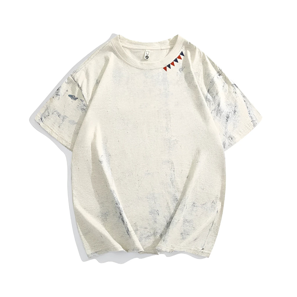 Gray tie dye full printing paint short sleeve T-shirt with round neck, loose fit, on a white background