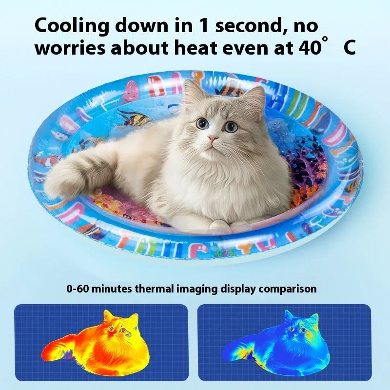 Inflatable PVC water cooling bed for pets, showing dolphin design on a blue background.