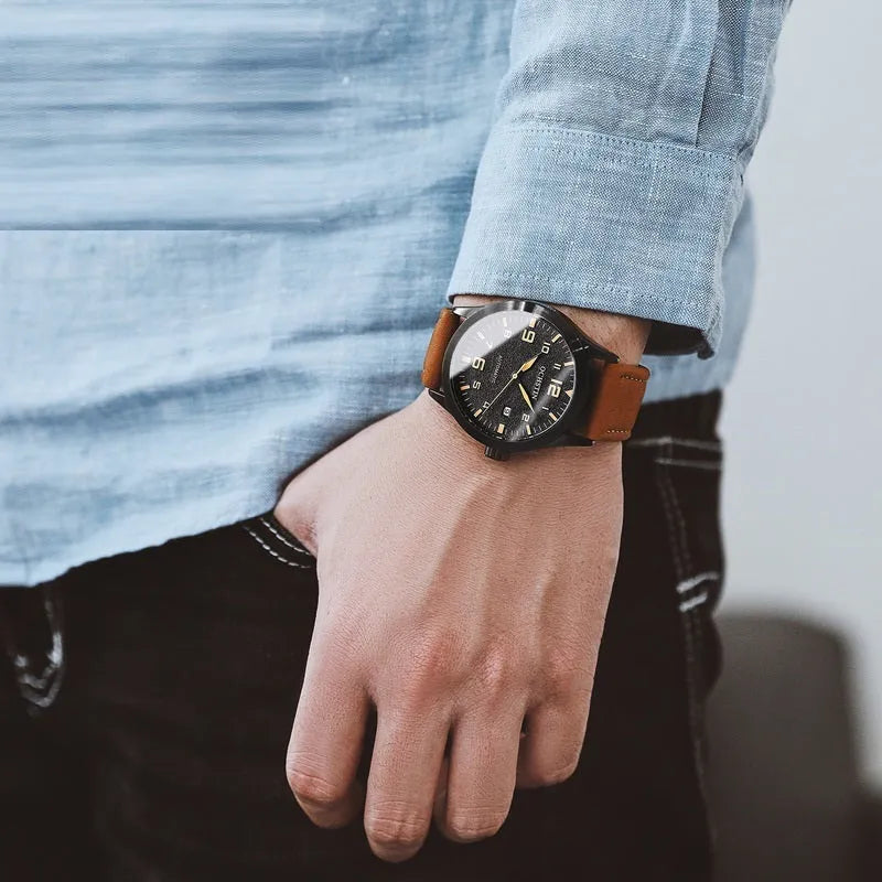 Men's retro leather automatic mechanical watch with business styling and 12mm thickness