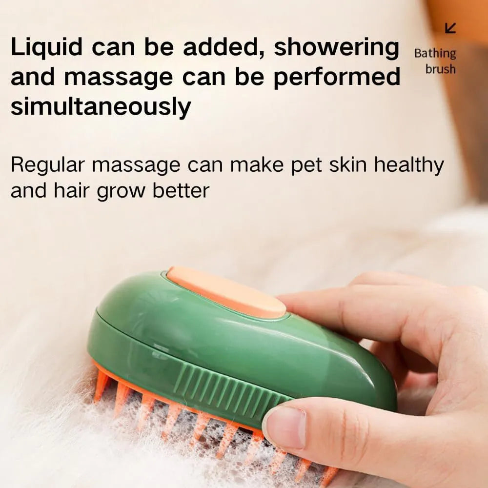 Green and white cat steam brush with silicone teeth and water spray function for pet grooming