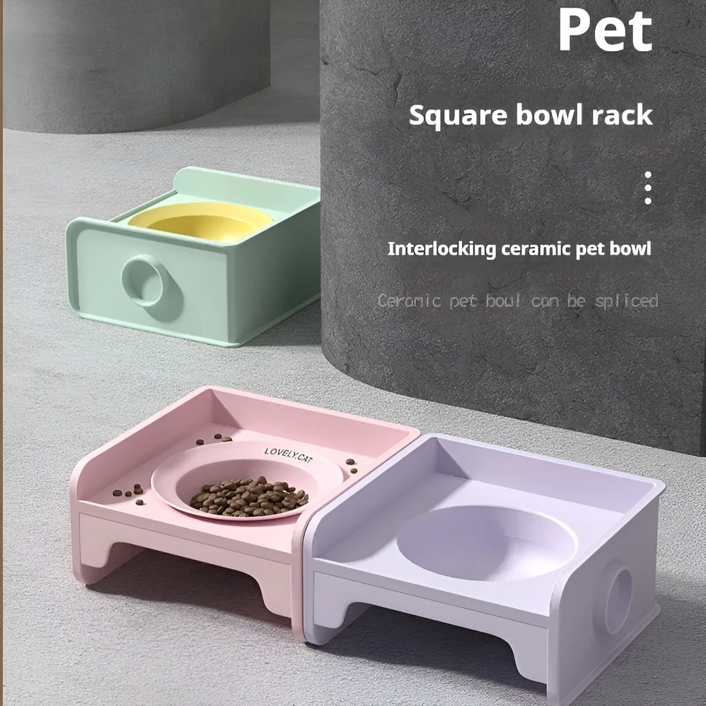 Ceramic raised cat bowl on square rack in beige and white colour combination