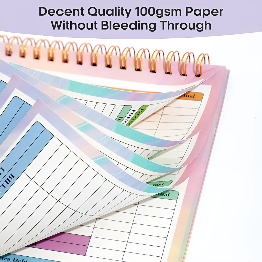 B5 spiral bound budget tally book with a PP cover, open on a table.
