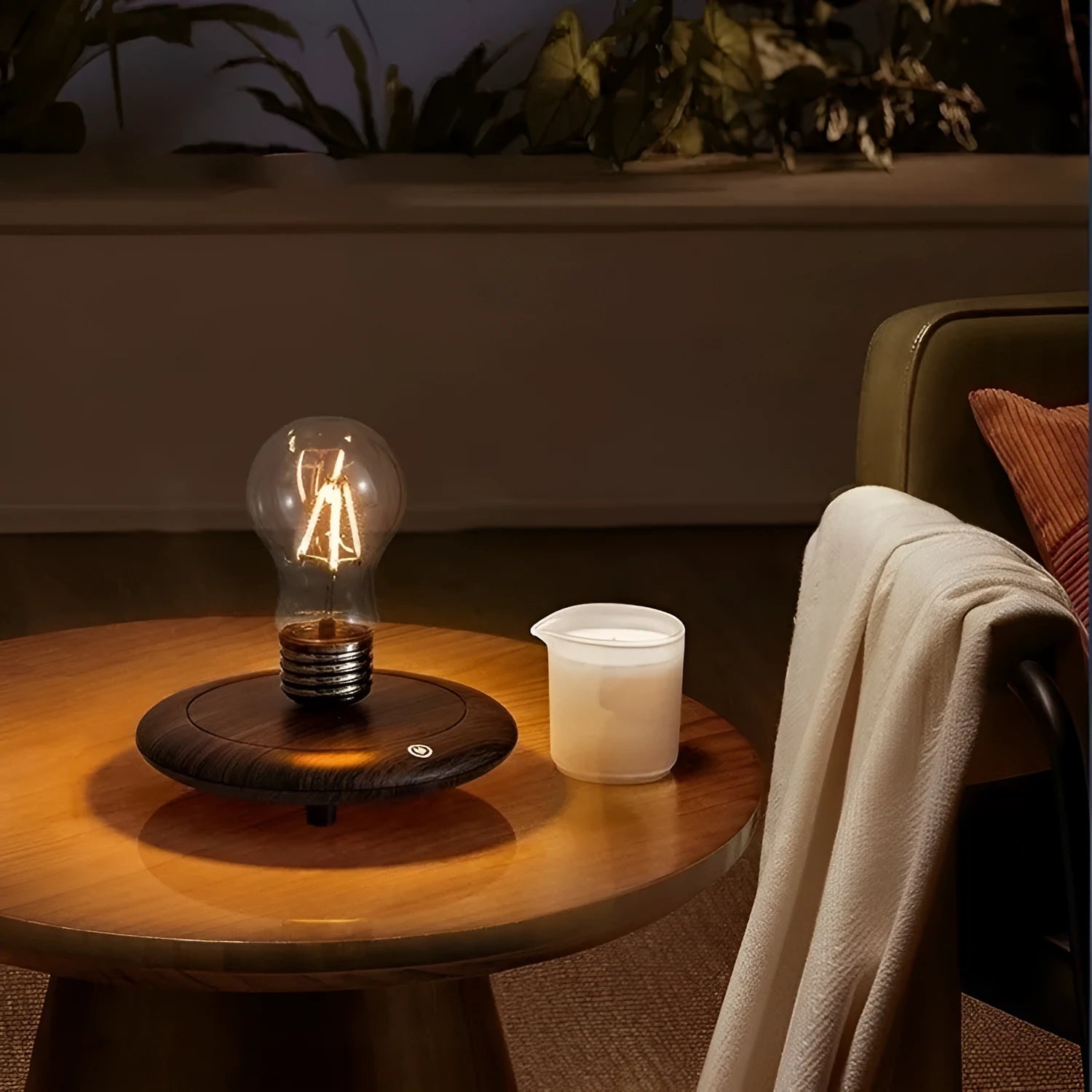 Iron art suspension bulb night lamp on wood grain base with compact 11cm dimensions