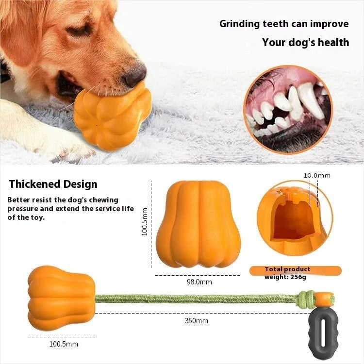 Orange pumpkin-shaped plastic dog chew toy with attached rope handle for large breed dogs