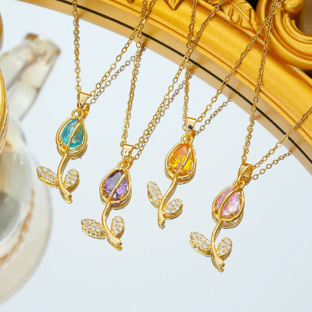 Zircon tulip necklace for women with flower pendant on adjustable chain in gold colour options