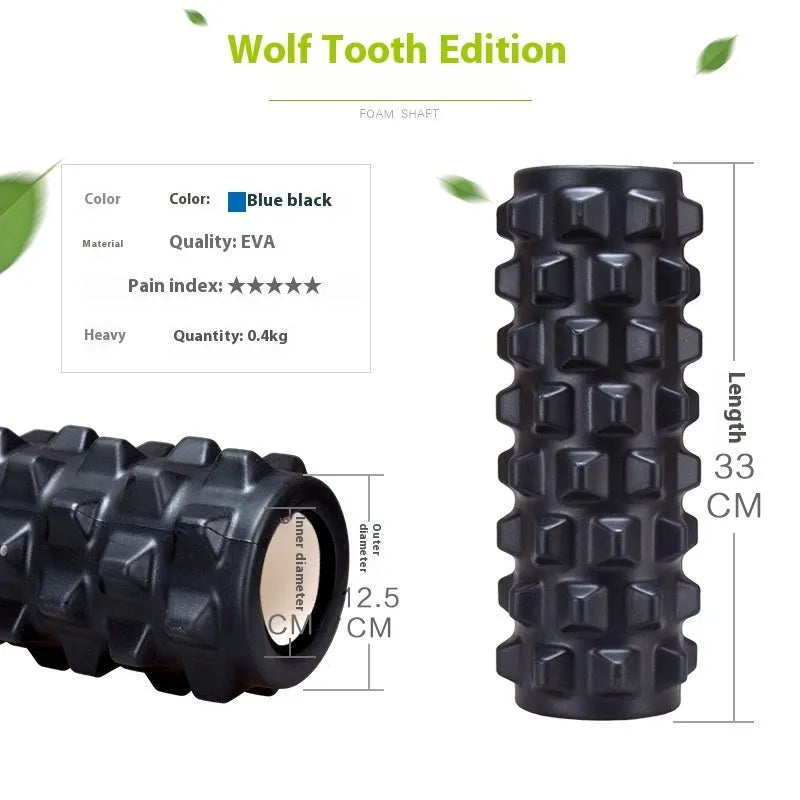 Black foam roller massage bar with gear-like segments, measuring 33cm in length