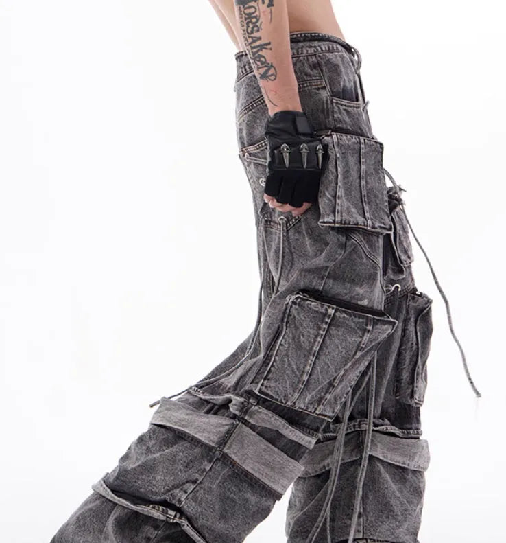 Grey distressed denim mop pants with rope stitching, American-style overalls, front view