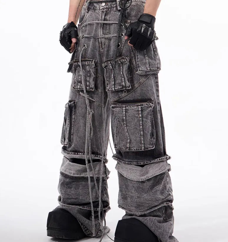 Grey distressed denim mop pants with rope stitching, American-style overalls, front view