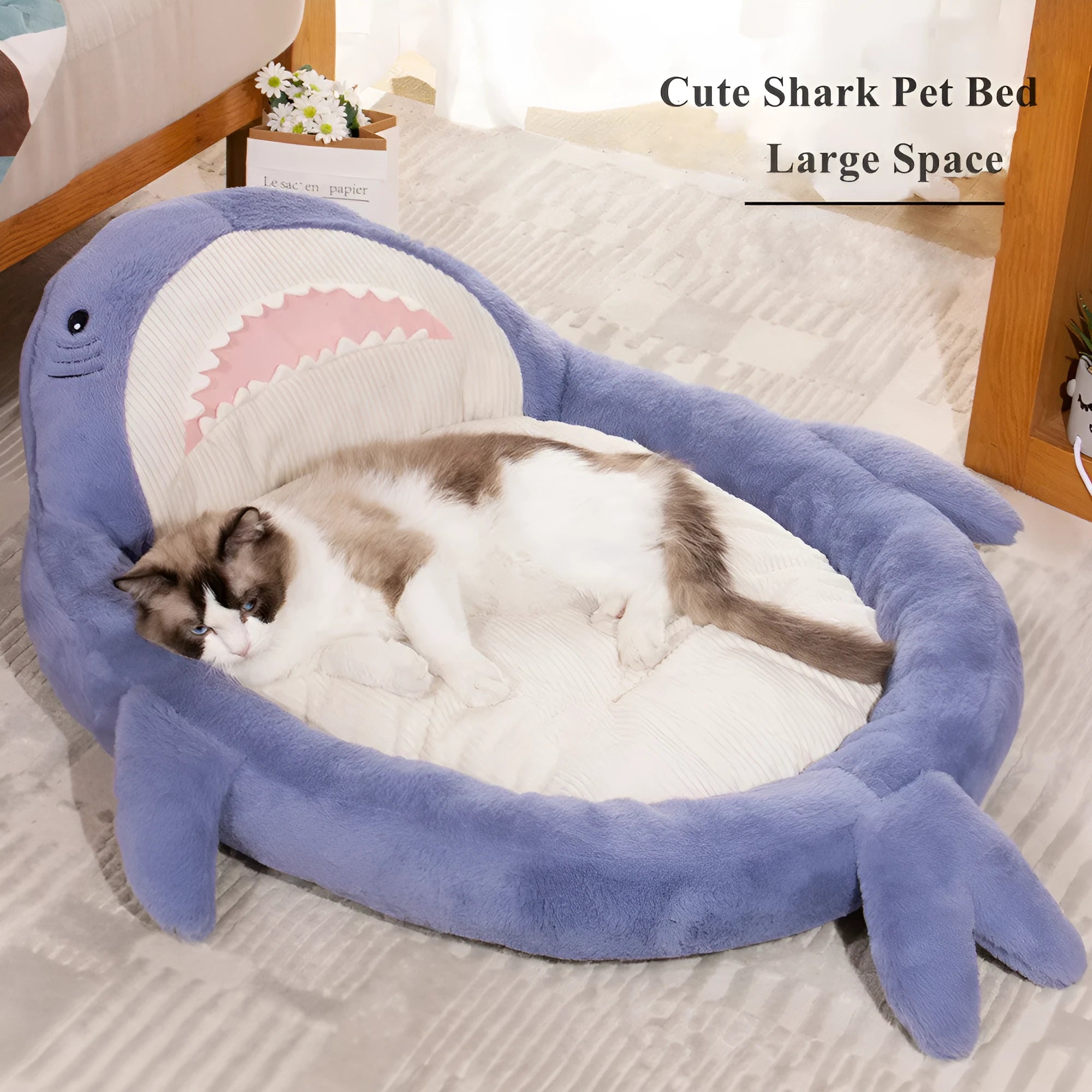 Shark pattern pet bed cushion in blue velvet, with thick padding, for small to medium dogs