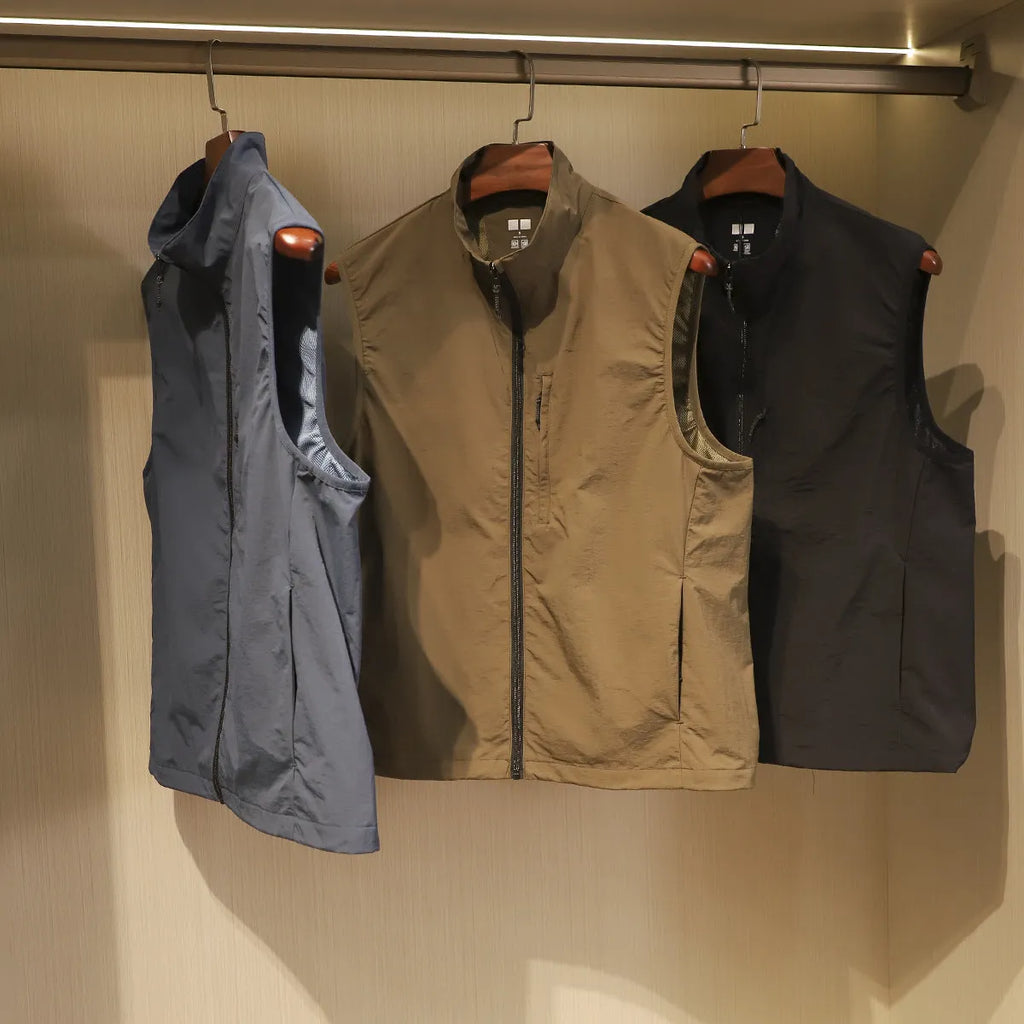 Men's straight-cut cardigan vest in quick-drying nylon with side seam pockets