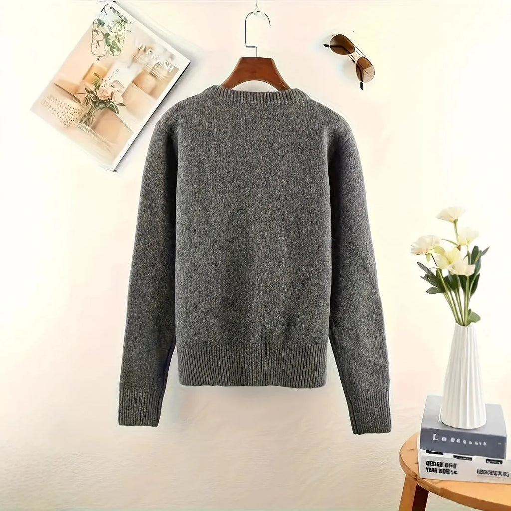 Dark grey women's button-front cardigan sweater with long sleeves for office wear