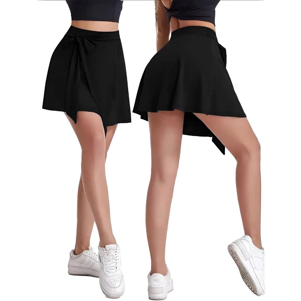 Black thigh-length sports skirt with high waist and integrated shorts for anti-exposure coverage during sports