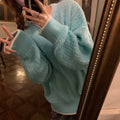 Women's loose retro pullover sweater in lake blue colour with regular sleeves and medium thickness fabric