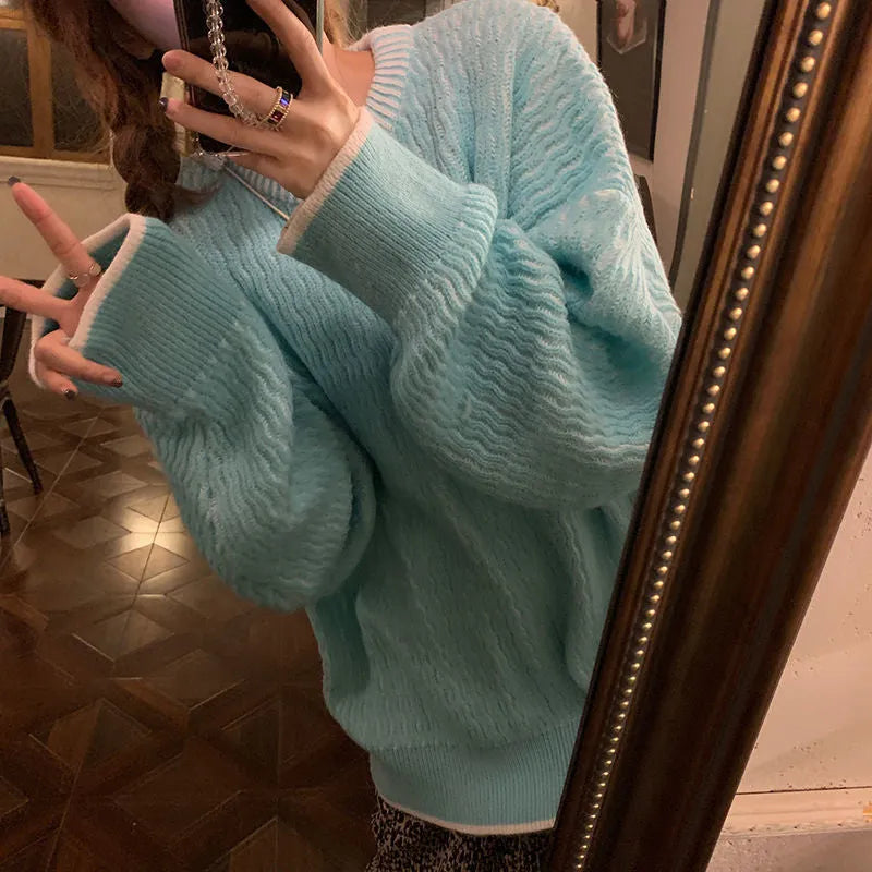 Women's loose retro pullover sweater in lake blue colour with regular sleeves and medium thickness fabric