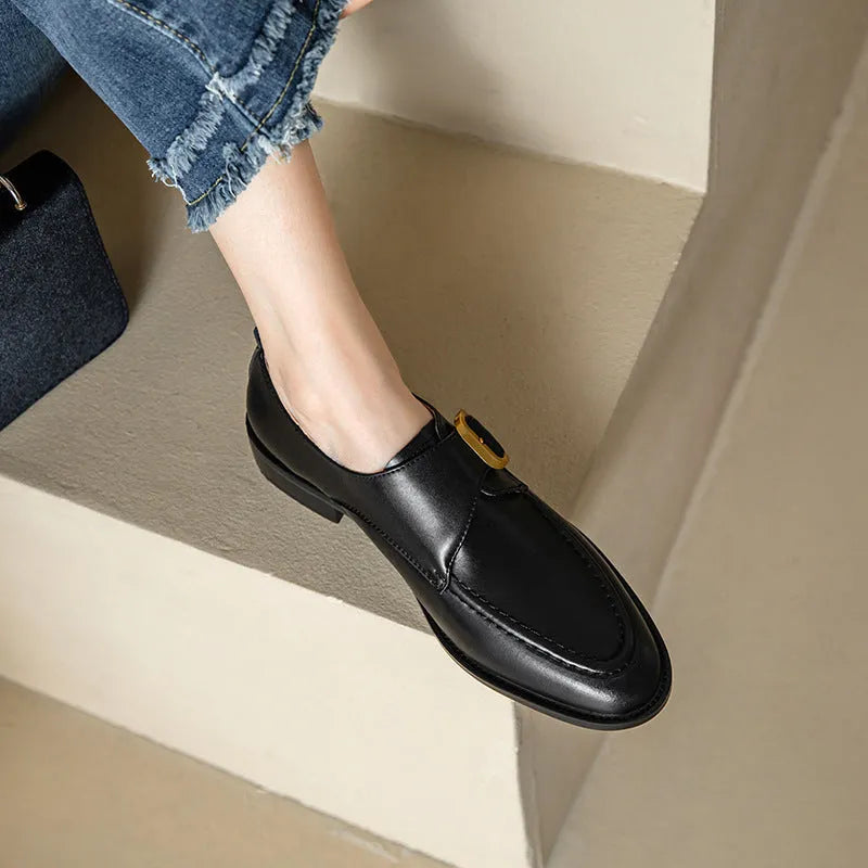 Women's casual round toe mid heel leather shoes with belt buckle in black and brown