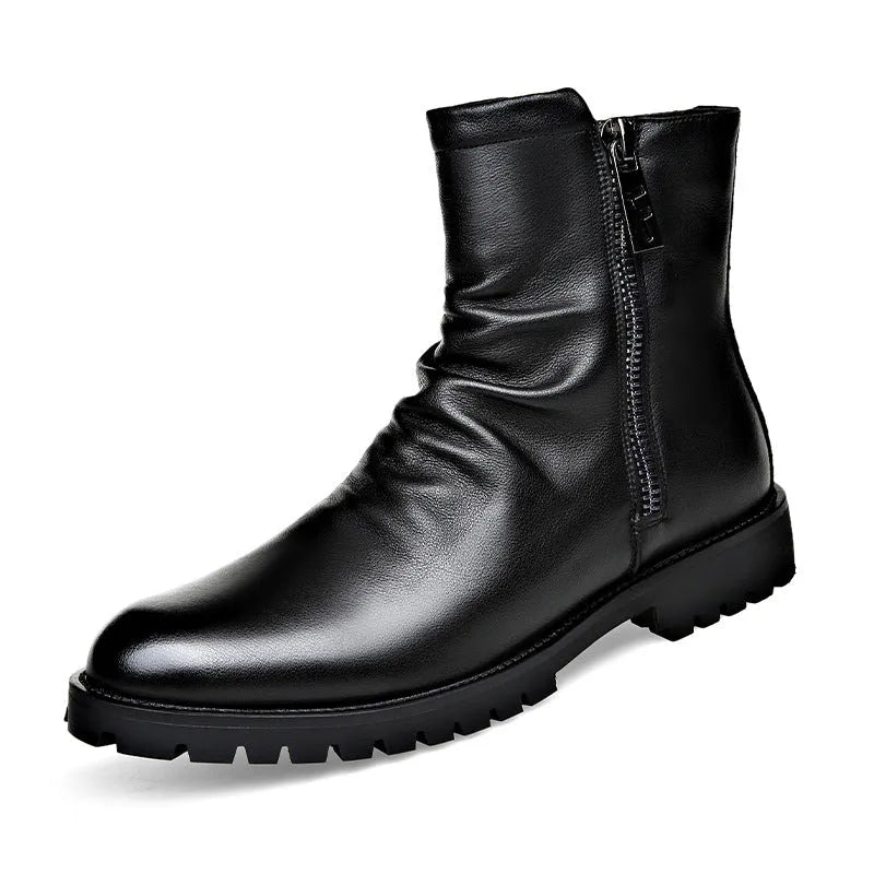 Men's high-top zipper Martin leather boots in black patent leather, side view showing side zipper and low wedge heel
