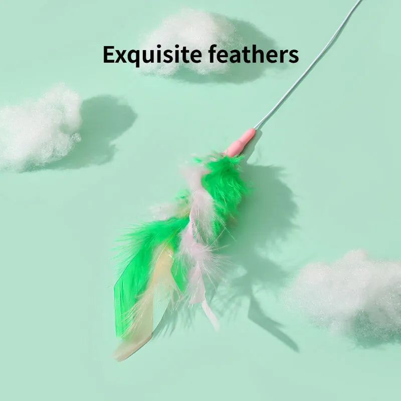 Green interactive cat feather wand with bells and feathers, durable play toy