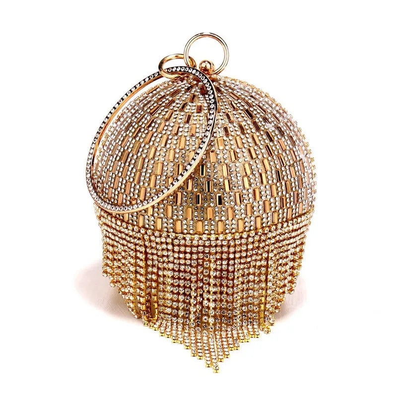 Shining rhinestone round tassel dinner bag in silver with polyester body and decorative tassel