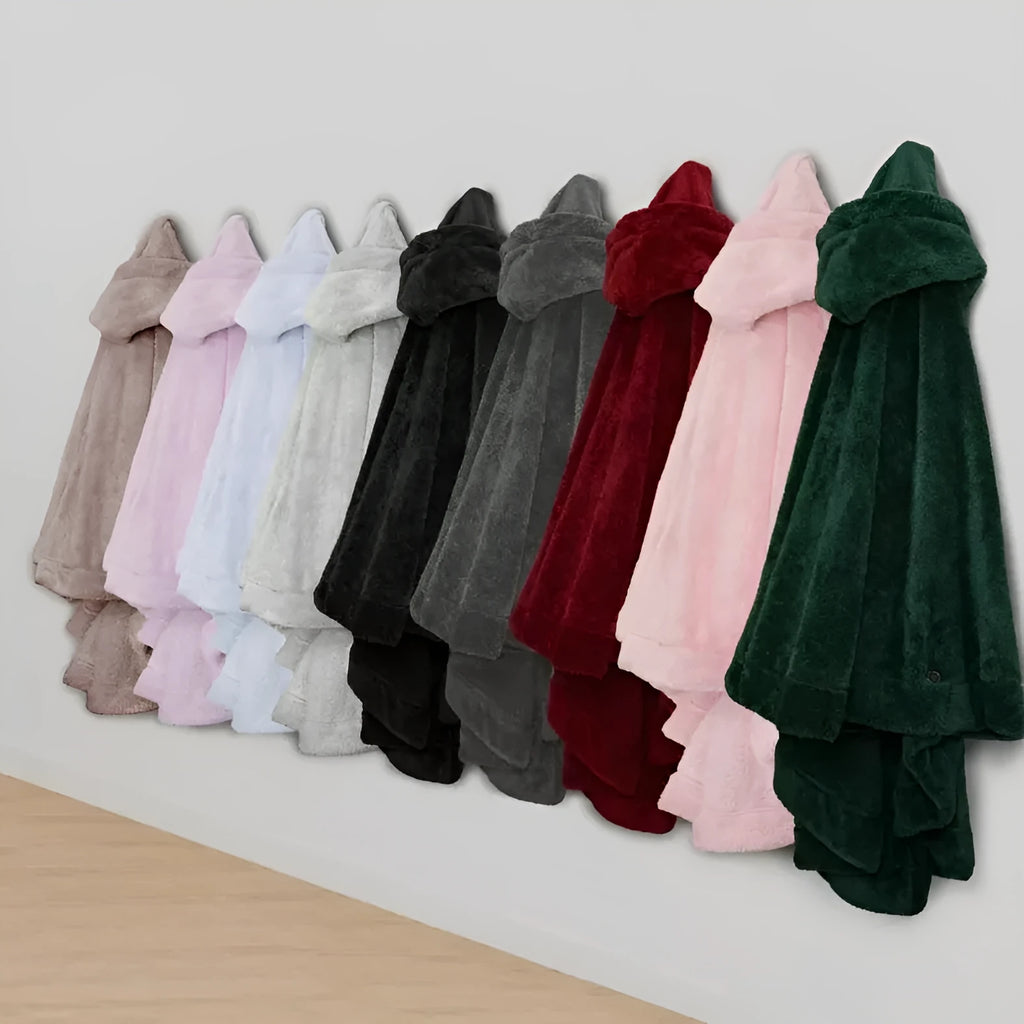 Thickened hooded bathrobe in polyester with long sleeves, available in pink, dark gray and black