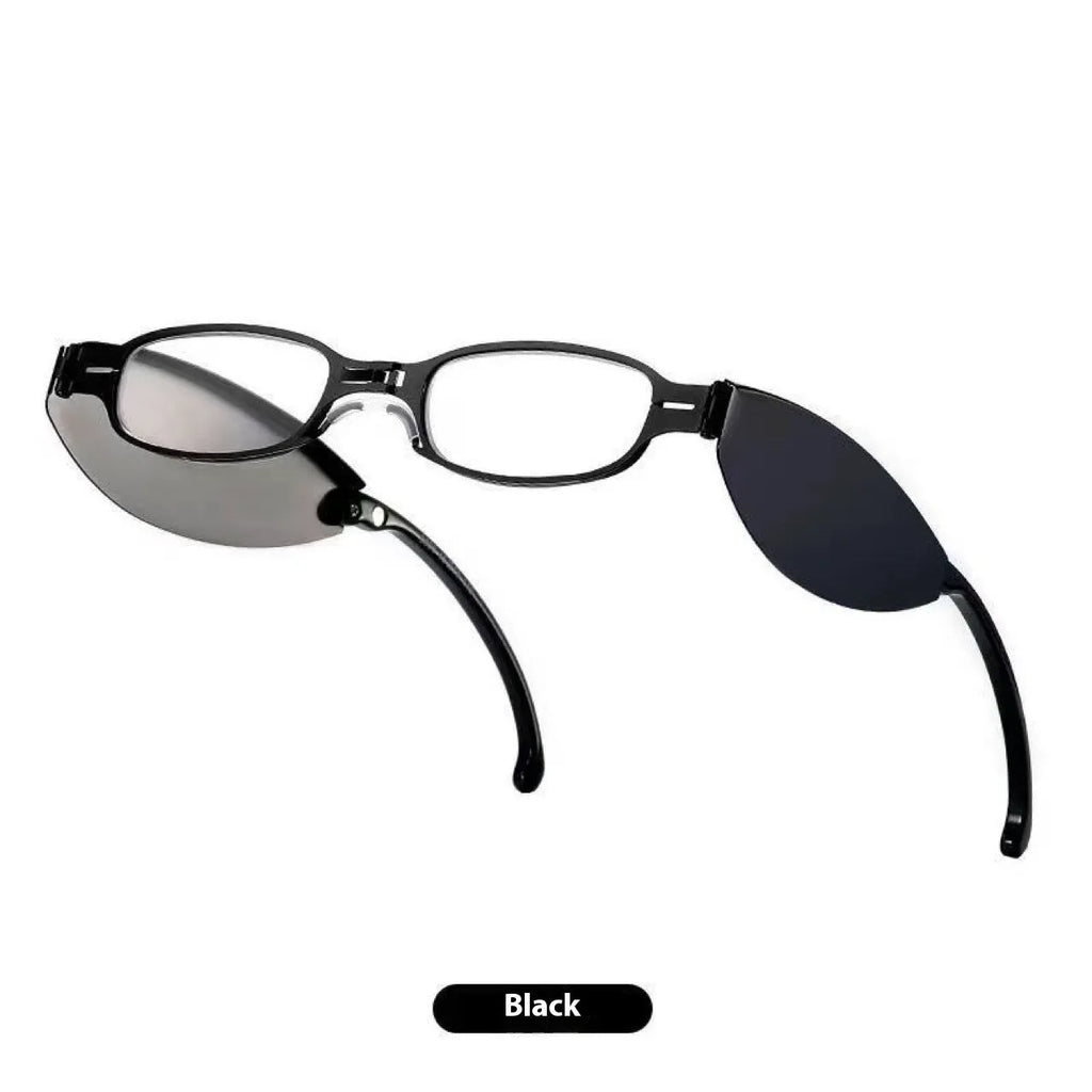 Black retro folding reading glasses with a ring detail, shown in open and closed positions.