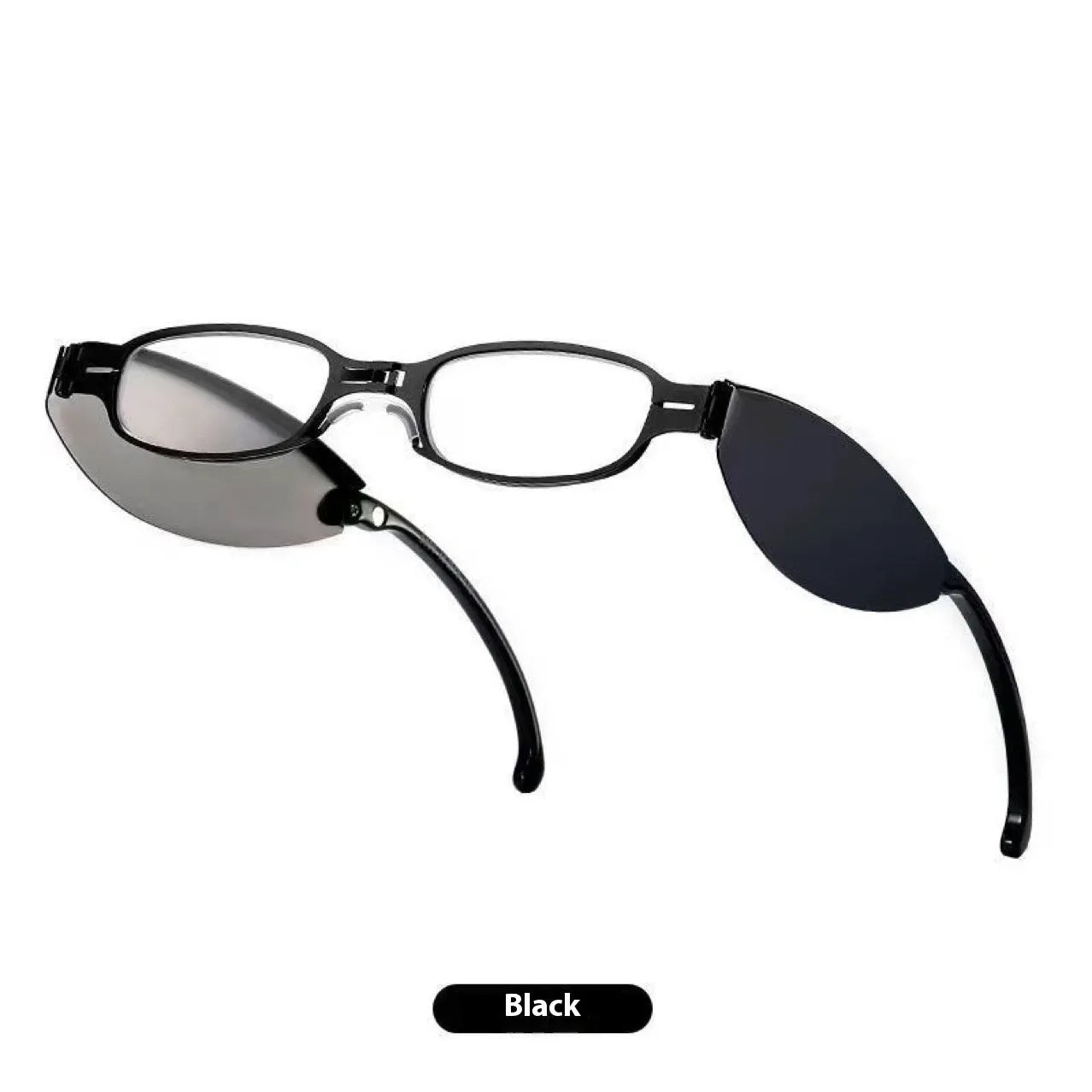 Black retro folding reading glasses with a ring detail, shown in open and closed positions.