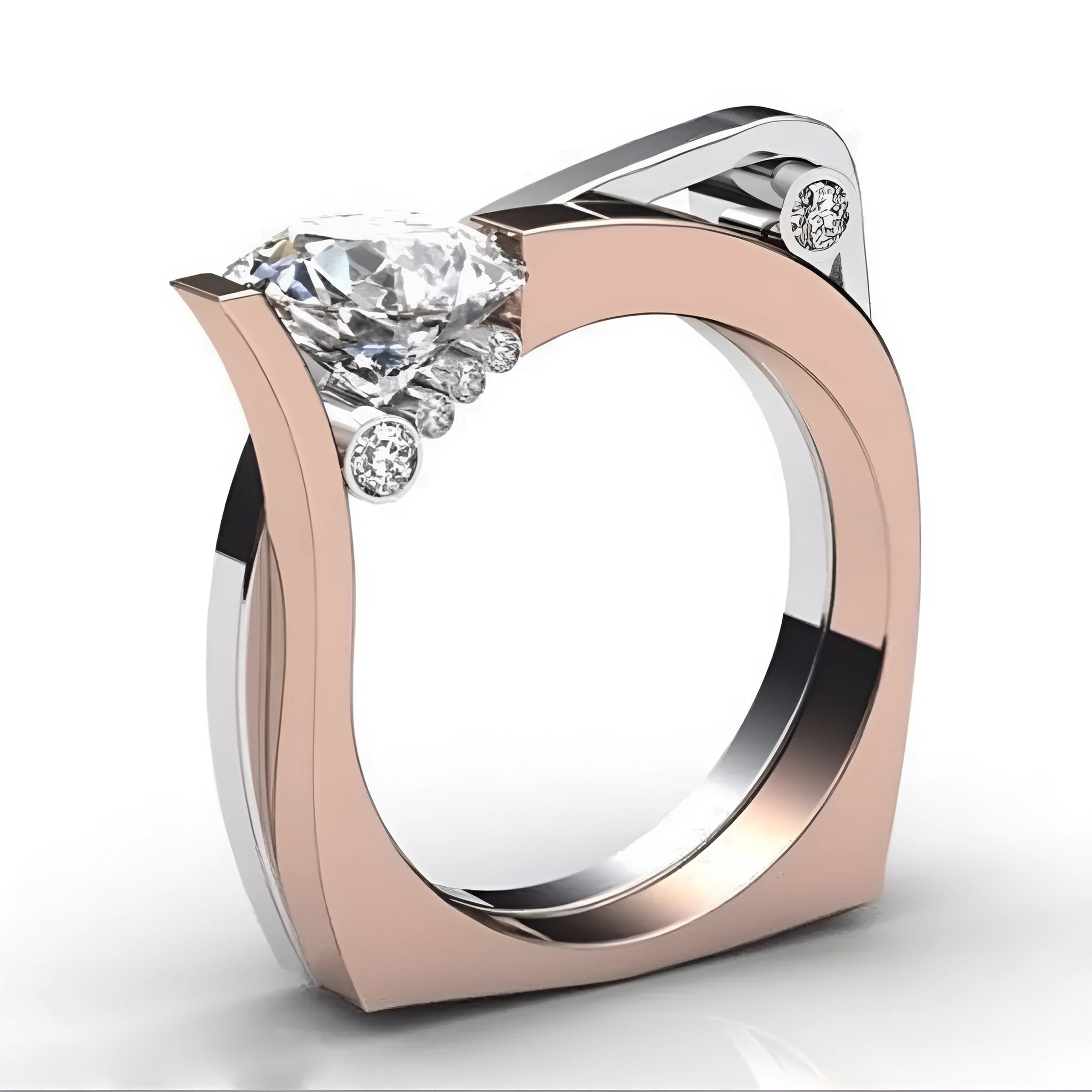 Electroplated rose gold couple ring with geometric design and zircon stone inlay on alloy metal