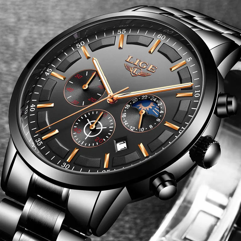 Men's black and rose gold waterproof sports watch with a quartz movement on a wrist.