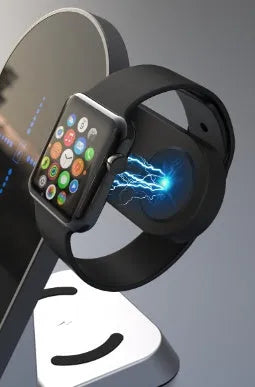 Black multifunctional wireless charging alarm clock with spots for phone, Apple Watch, and earphones.