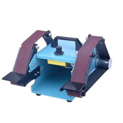 Blue desktop dual-axis belt sander with abrasive belt for sharpening and polishing tasks